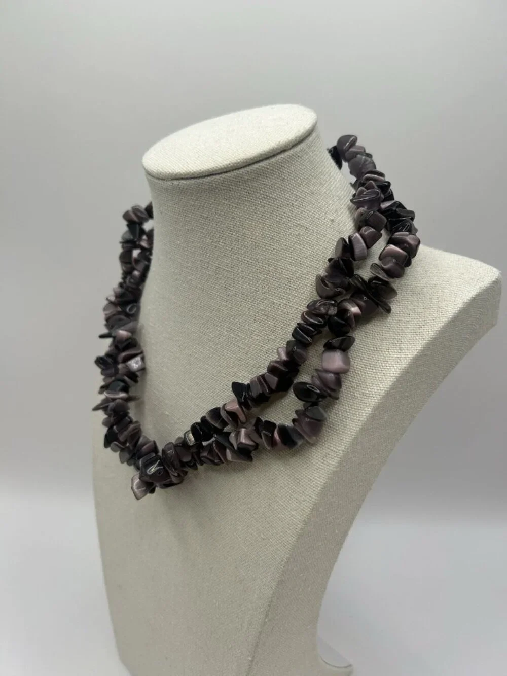 Purple Cat’s Eye Glass Chip Necklace Long 32” Boho Statement Vintage Jewelry